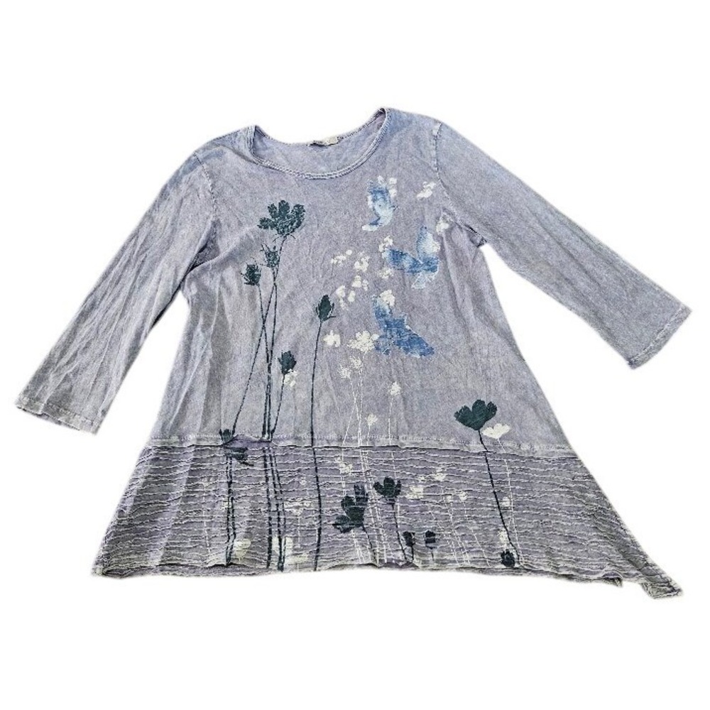 Jess & Jane Blue Purple Mineral Wash Floral Butterfly Tunic Top Large Artsy